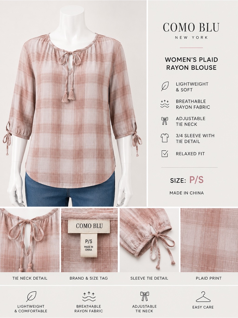 Como Blu Pink Plaid Lightweight Blouse Size P/S
